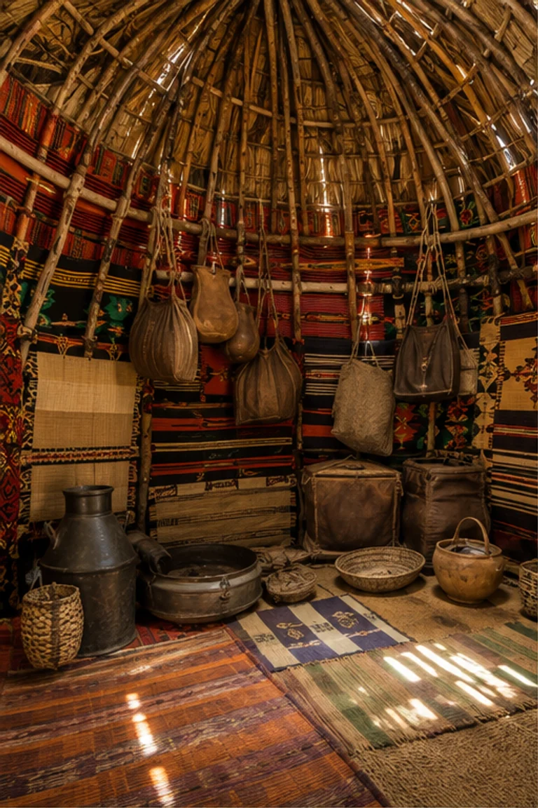 People-free photorealistic vertical Somali aqal with a low branch dome lined in vivid red, ochre, and teal woven mats, braided lashings, sleeping rolls, leather bags, milk vessels, baskets, low stools, and striped dryland light.