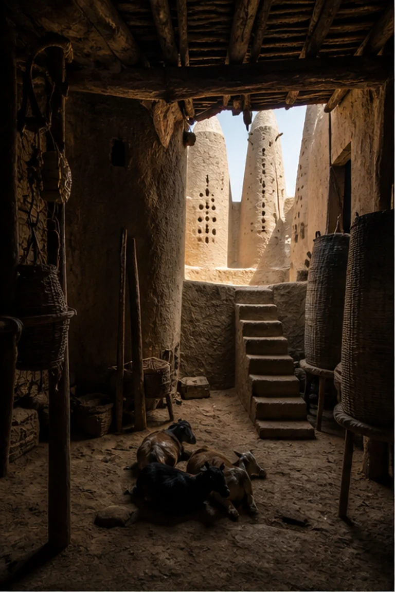 Photorealistic vertical Batammariba Somba tata with sculpted earthen towers, dim ground-level animal and work space, narrow stair to sleeping chambers and granaries, occupied roof terrace, clay vessels, baskets, and hard Atakora sunlight.