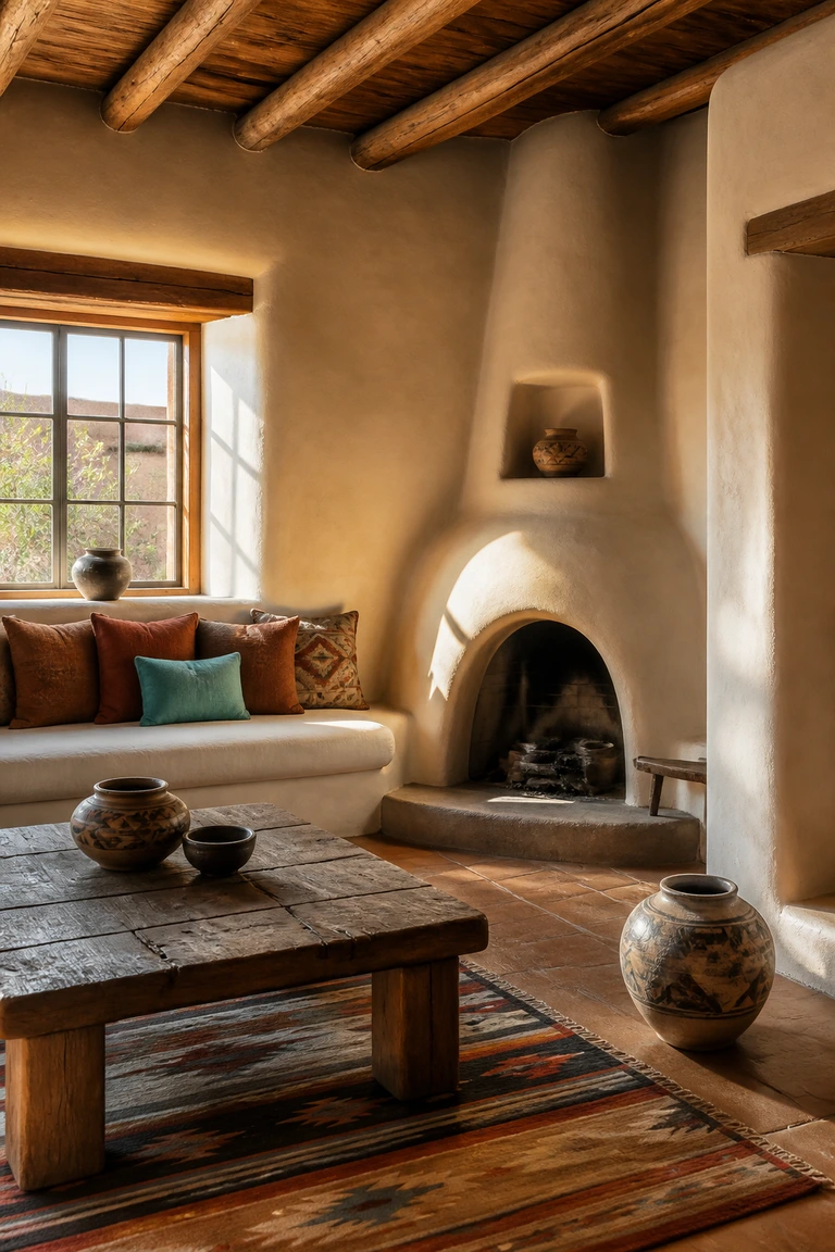Southwestern living room with rounded adobe walls, an earthen hearth, exposed vigas, timber furniture, and pottery.