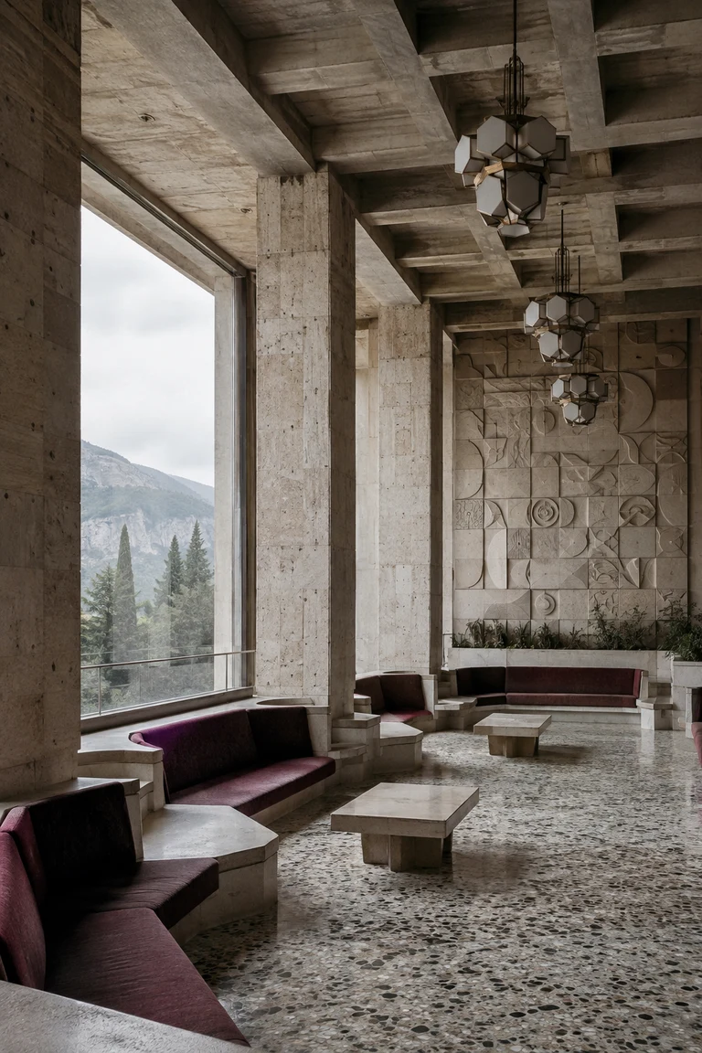 Preserved Soviet sanatorium lounge with monumental coffered concrete, pale stone, terrazzo, burgundy built-in seating, geometric pendants, integrated wall relief, and mountain views.