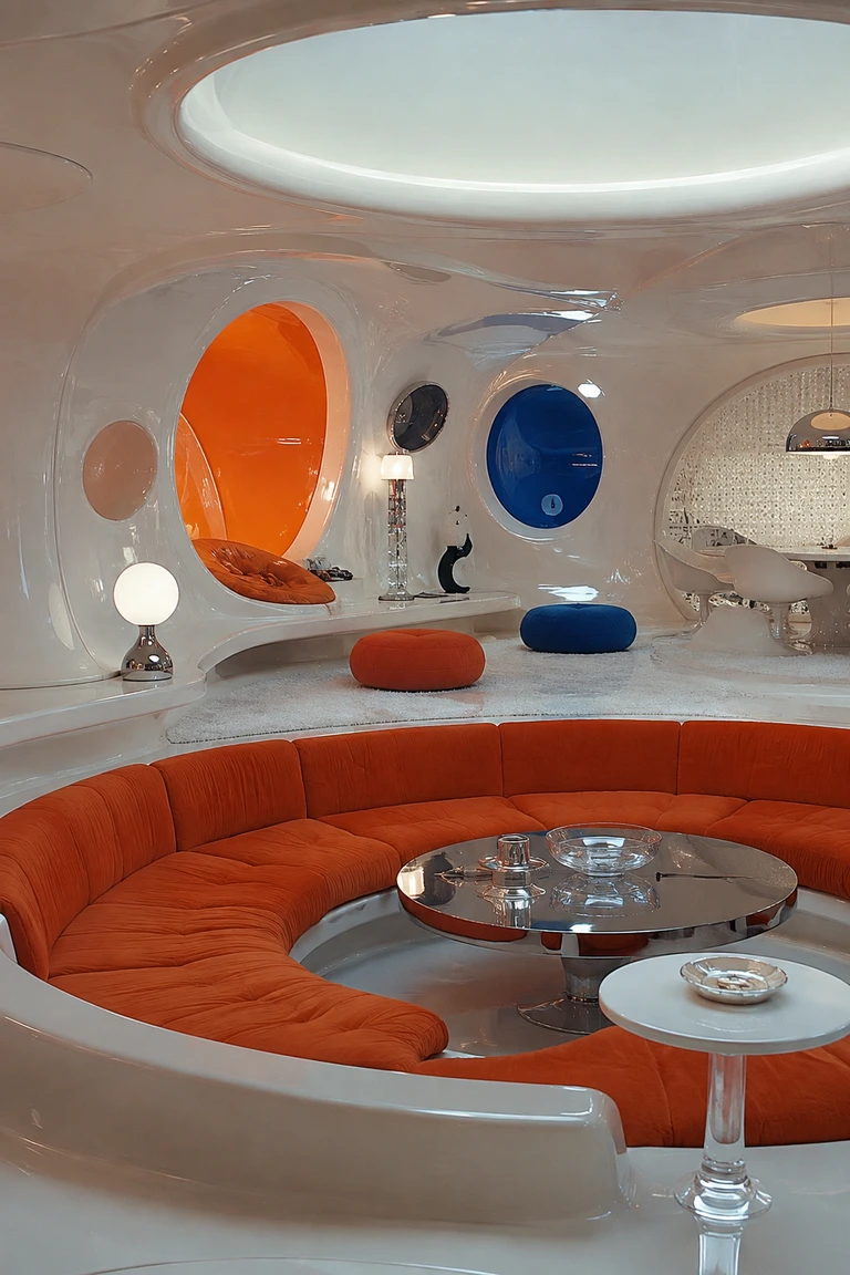 Space Age lounge with a glossy white shell, orange sunken seating, cobalt pod niche, chrome pedestal tables, and glowing round fixtures.