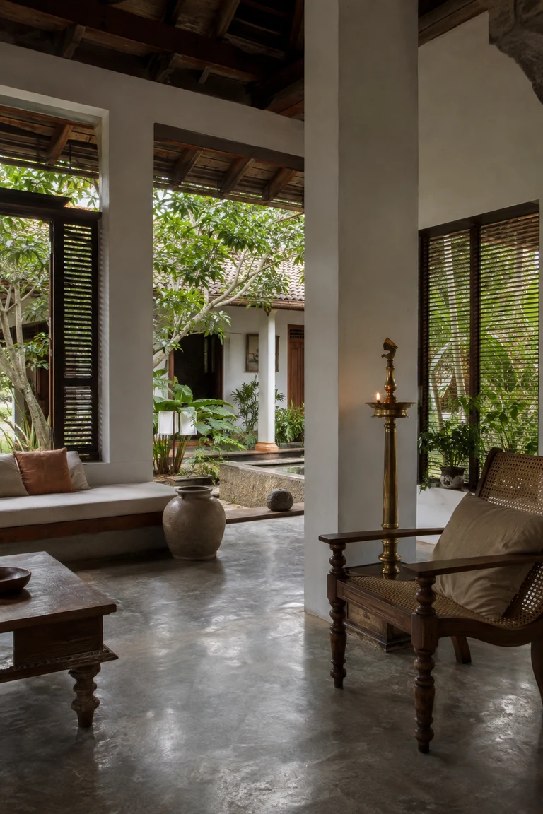 Sri Lankan tropical modernist room with white limewash, polished cement, dark timber and cane furniture, slatted screens, a brass lamp, and a lush shaded courtyard.