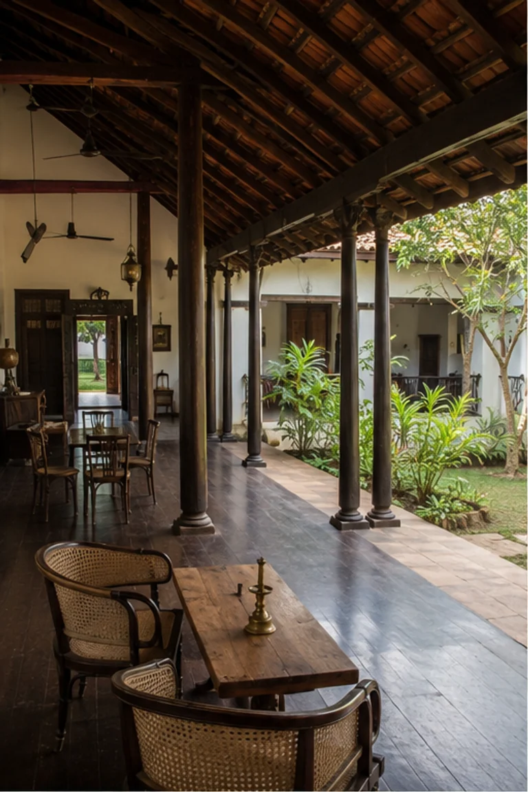 Photorealistic vertical Sri Lankan walauwa with a lime-plastered family room opening along a deep columned veranda to a planted court, low clay-tile roof, dark hardwood joinery, cane chairs, daybed, brass vessels, and rain-softened monsoon light.