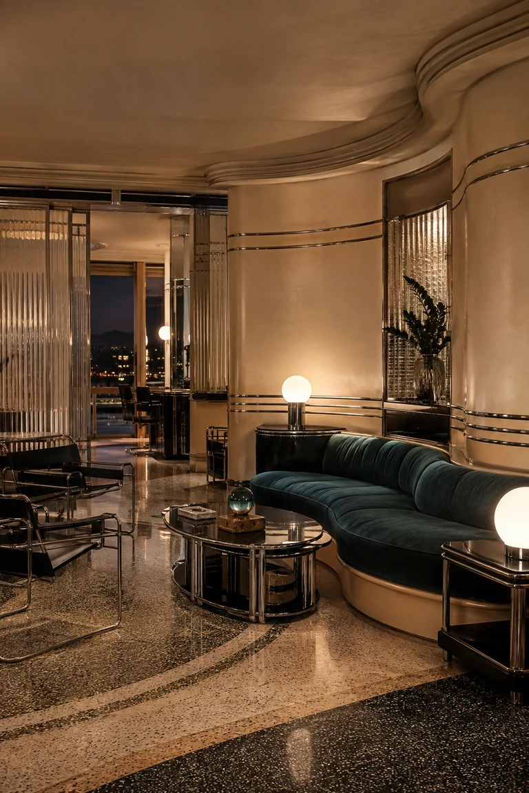 Streamline Moderne living room with curved cream plaster, chrome bands, deep teal banquette seating, tubular chairs, ribbed glass, and terrazzo flooring.
