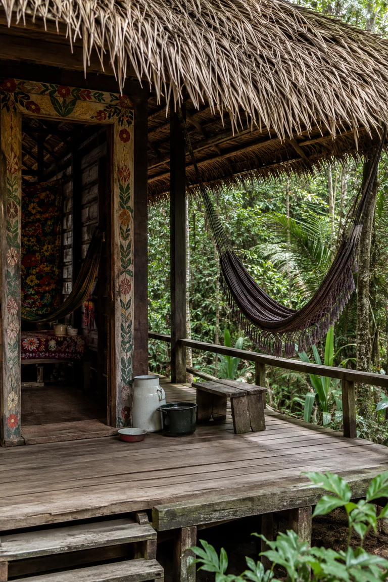 Photorealistic vertical Surinamese Maroon house with intricately carved and painted doorway, brightly patterned cloth, hammock, low bench, enamel vessels, palm-thatch roof, and an open veranda facing dense rainforest.