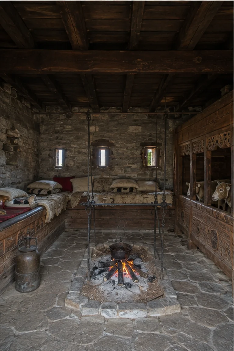 Photorealistic vertical Svan machubi winter room in Svaneti with a fortified stone shell, hearth, built-in family platforms, richly carved dark timber livestock stalls, wool blankets, stools, chests, and cold mountain light from a small opening.