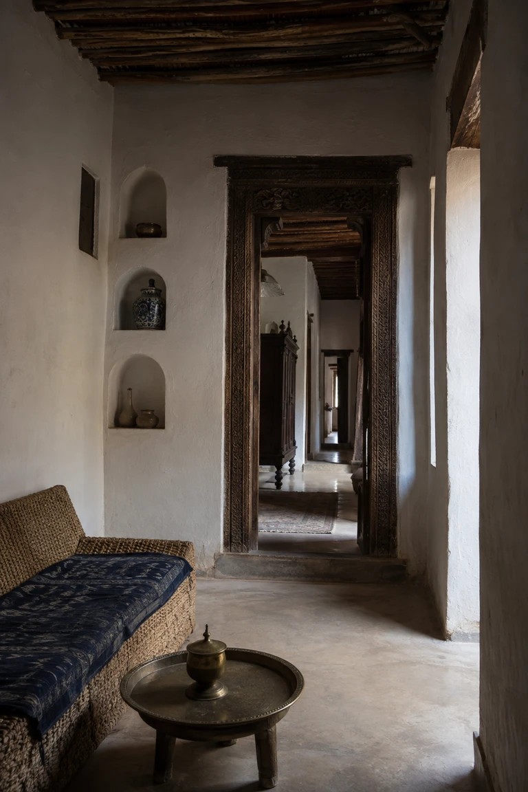 Nineteenth-century Lamu Swahili stone house with thick white coral-lime walls, rhythmic vidaka niches, mangrove-pole ceiling, carved hardwood threshold, low woven seating, brass tray, indigo textile, and slanting courtyard light.