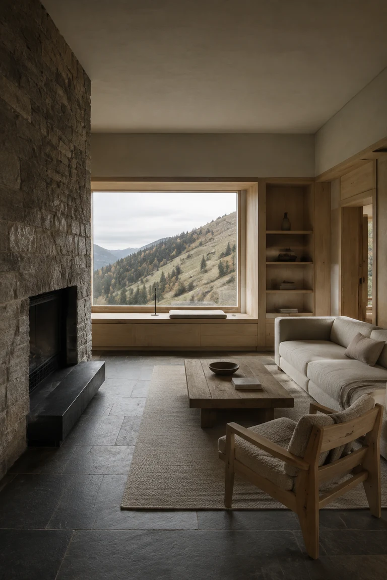 Swiss alpine modernist room with rough stone hearth, pale larch joinery, slate floor, wool seating, a low timber table, and a deeply framed mountain view.