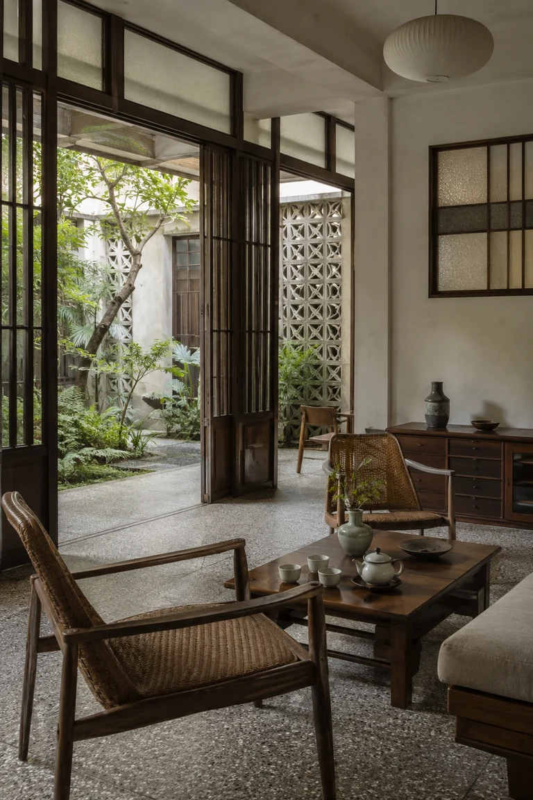 Taiwanese modernist tea and living room with terrazzo floor, slim dark timber screens, rattan chairs, teak joinery, studio ceramics, patterned breeze block, and a lush courtyard beyond.