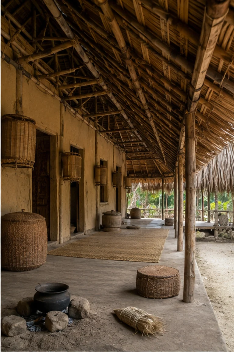 Photorealistic vertical Tharu longhouse in the Terai with bamboo and timber bays beneath a long rice-straw roof, cool clay-plastered walls, sleeping platforms, grain bins, woven mats, baskets, hearth, and humid daylight from a shaded veranda.