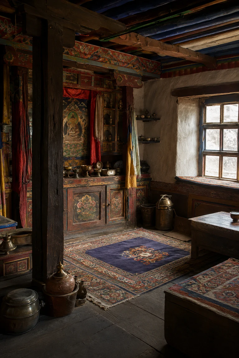 Photorealistic vertical Tibetan nang-khang living and shrine room with dark timber columns, painted ceiling bands, low built-in cabinets, wool khaden rugs, butter-lamp shelf, copper vessels, whitewashed earthen walls, and brilliant high-altitude window light.