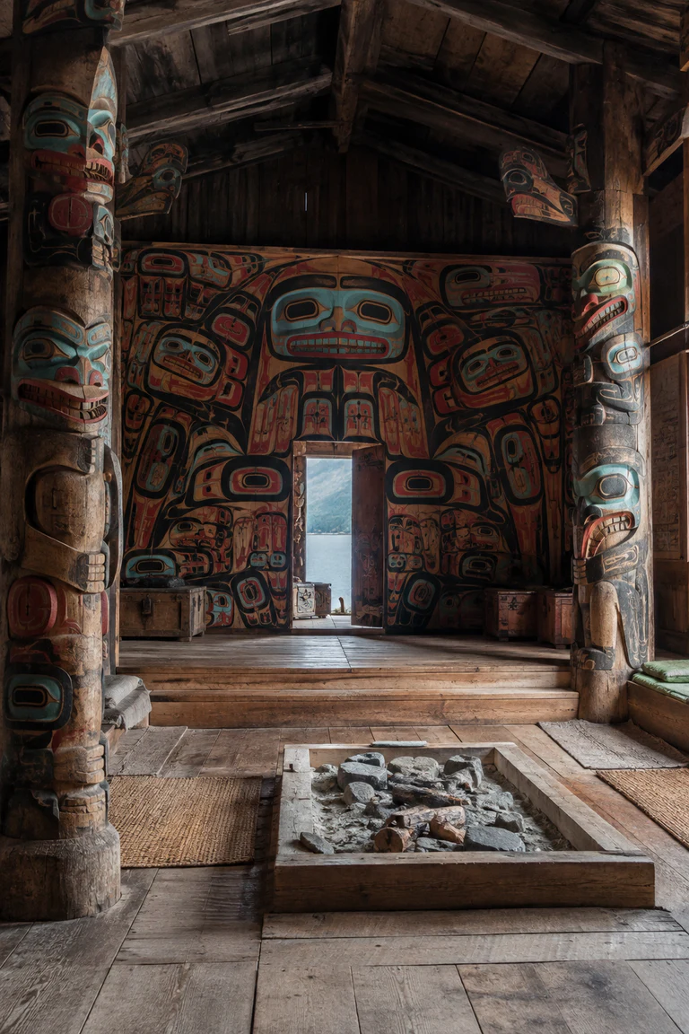 Photorealistic vertical Tlingit cedar clan house with a monumental formline-painted partition screen and carved posts in red, black, and blue-green, central hearth, tiered perimeter platforms, bentwood boxes, woven mats, and cool coastal doorway light.