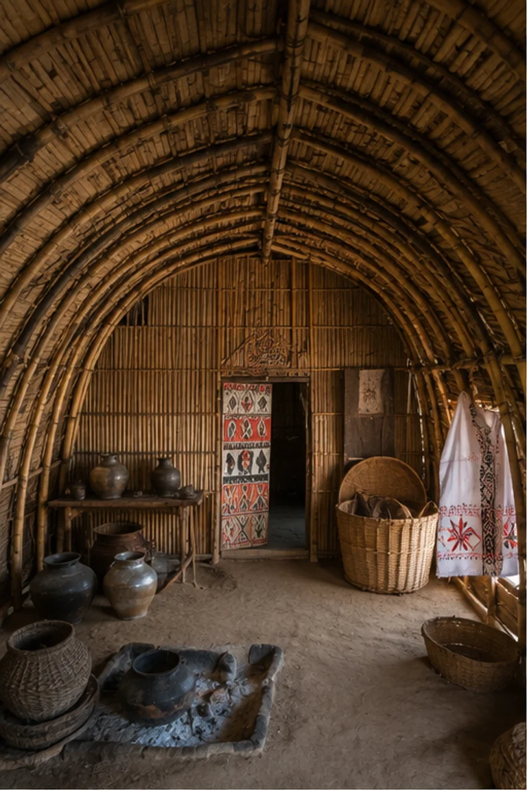 People-free photorealistic vertical Toda hut interior with low bamboo barrel vault, dense grass thatch, tiny decorated doorway, stone base, hearth, sleeping platform, dairy vessels, baskets, embroidered cloth, and cool Nilgiri daylight.
