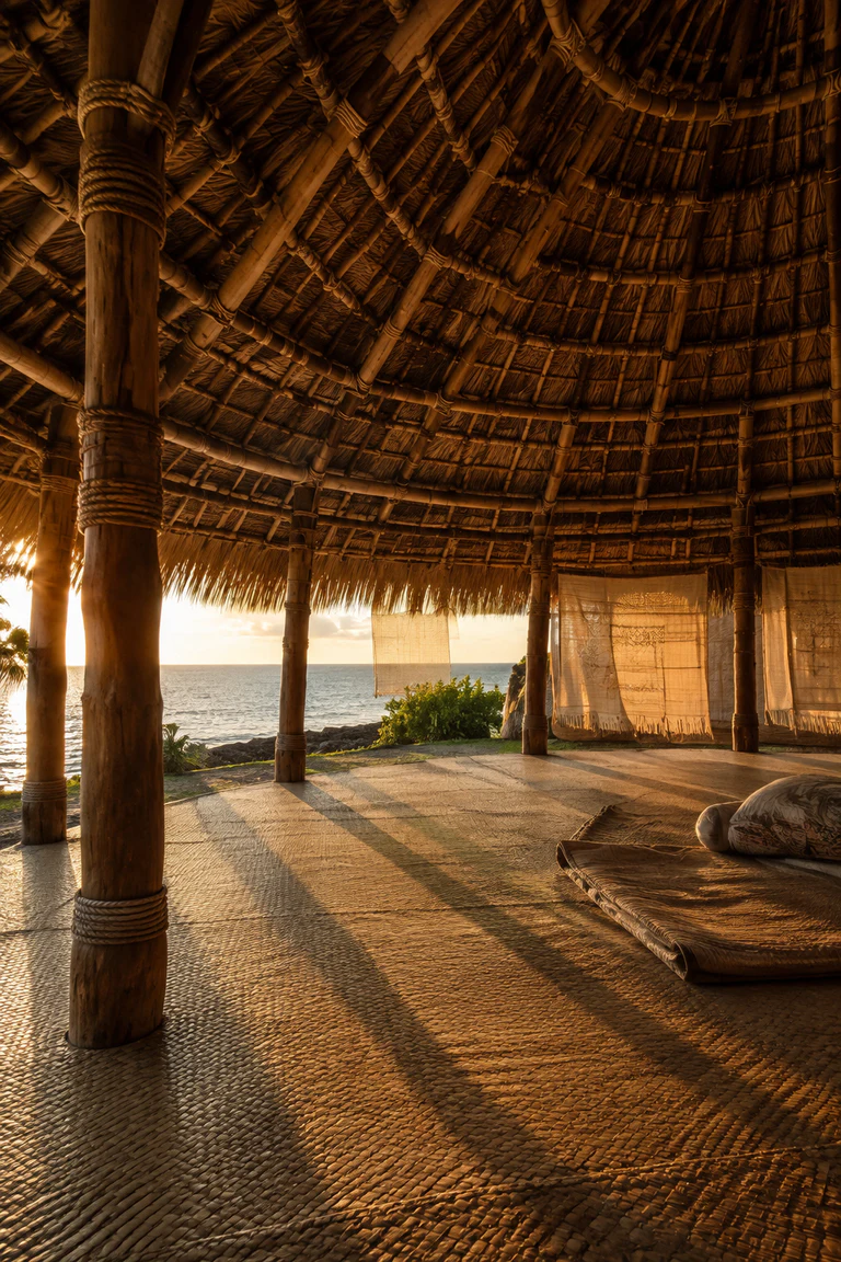 Photorealistic vertical Tongan fale interior with an oval coconut-timber post ring, hand-tied sennit lashings, layered thatch, pandanus mats, partly lowered woven screens, folded ngatu, sleeping rolls, and island breeze.
