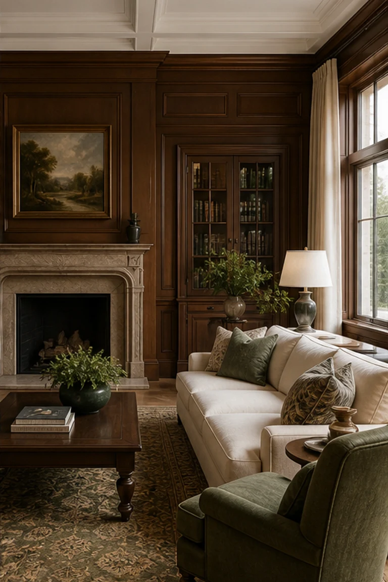 Traditional sitting room with symmetrical furniture, dark timber, mouldings, and tailored upholstery.