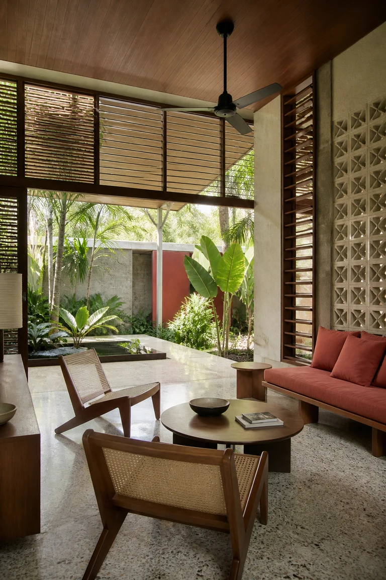 Tropical modernist living room with teak and cane seating, timber louvers, a breeze-block screen, terrazzo, and a lush shaded courtyard.