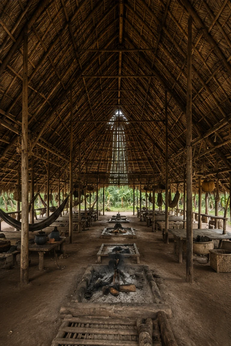 People-free photorealistic vertical Tukano maloca in the northwest Amazon with a vast steep palm roof, long doorway axis, repeated family hearth bays, hammocks, baskets, storage racks, clay vessels, and bright forest light fading into deep shade.
