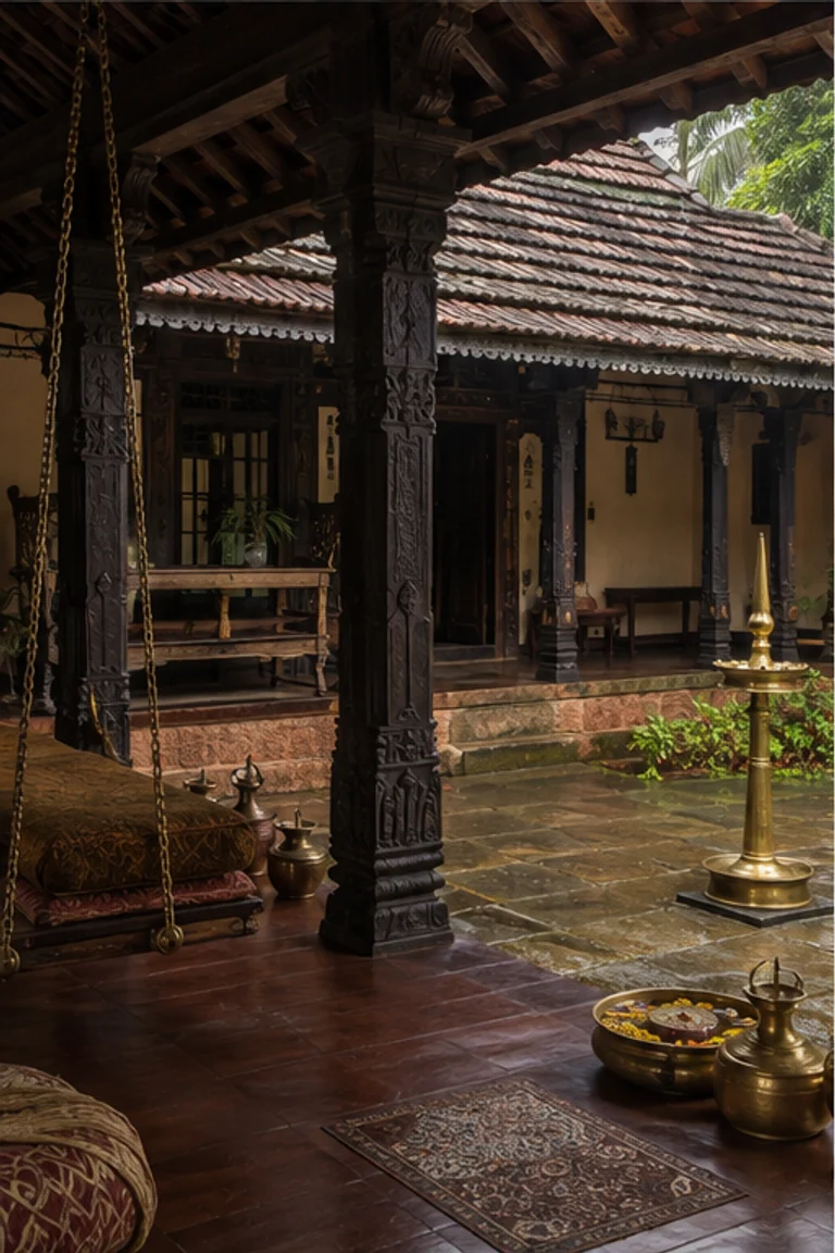 People-free photorealistic vertical Tulu guthu house on coastal Karnataka with pillared inner court, carved dark timber veranda, warm laterite and lime walls, clay-tile eaves, swing, low tables, brass vessels, ritual doorway, and monsoon light.