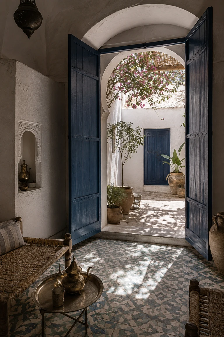 Tunisian courtyard room with thick white limewash, deep blue timber doors, an arched threshold, patterned cool tile, woven seating, brass vessels, and bougainvillea light.