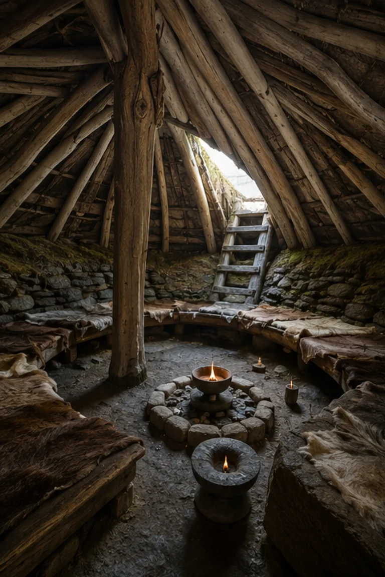 Photorealistic vertical Unangax̂ barabara with a sunken communal floor, driftwood and whalebone roof frame beneath grass and sod, raised hide-covered platforms, stone lamps, storage racks, and cold Aleutian daylight descending through a roof entry.
