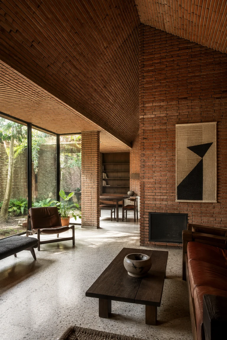 Uruguayan brick modernist living room with an expressive thin masonry vault, exposed structural brick walls and piers, pale terrazzo, steel courtyard glazing, low leather seating, timber table, and geometric textile.