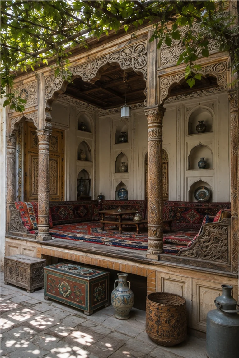 People-free photorealistic vertical Uyghur Kashgar house with a raised carved-timber iwan opening to a vine-shaded earthen court, plaster niches, layered carpets and cushions, low table, chests, ceramics, and warm oasis light.