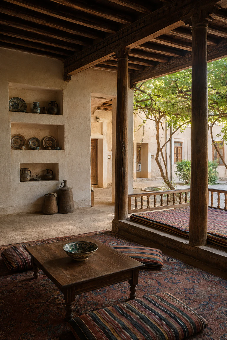 Photorealistic vertical Uzbek mahalla house with a family room opening to a vine-shaded courtyard, mudbrick and lime plaster, carved timber columns, raised aivan, low table, striped kurpacha cushions, storage niches, ceramic bowls, and warm filtered light.