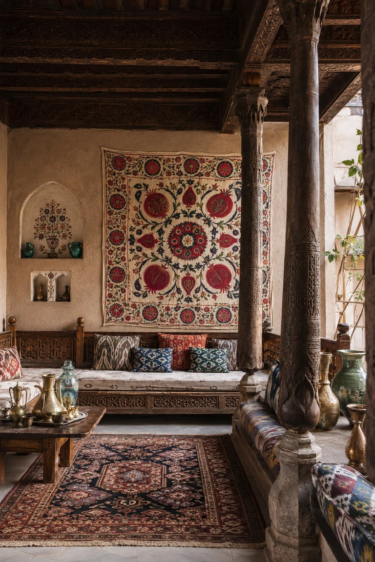 Uzbek interior with carved timber columns and painted ceiling, a large red and indigo suzani hanging, layered ikat cushions, low platform seating, rugs, and brass vessels.