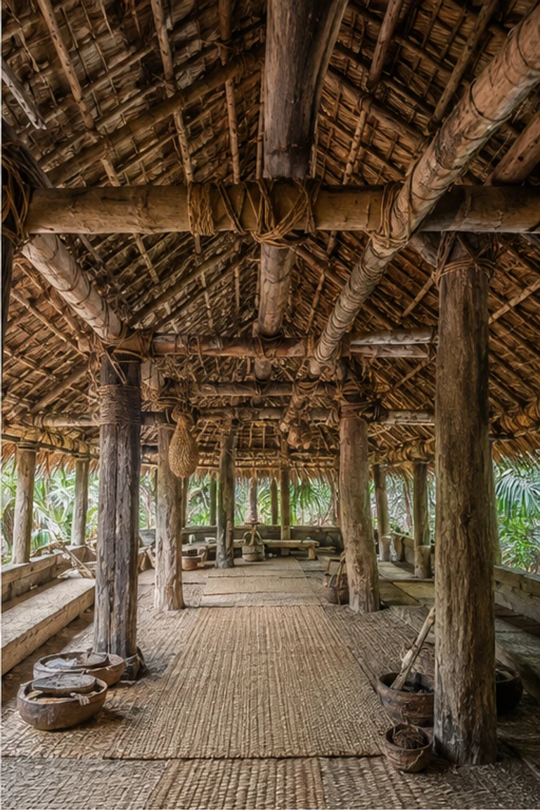 People-free photorealistic vertical Vanuatu nakamal with massive timber posts, dense cyclone-resistant palm roof, visible vine lashings, open shaded meeting floor, pandanus mats, low stools, baskets, carved bowls, and humid island daylight.