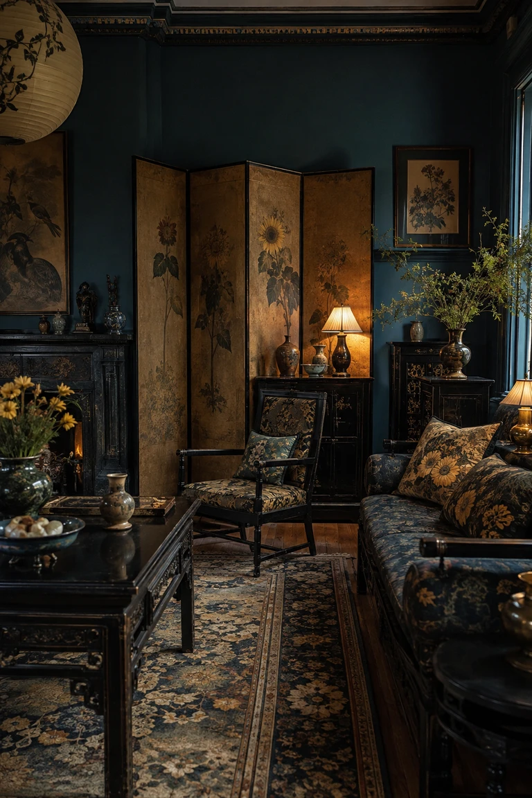 Victorian Aesthetic Movement drawing room with peacock walls, ebonized furniture, botanical screens, brass lamps, and layered patterned textiles.