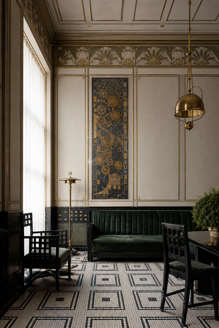 Viennese Secession salon with pale grid panelling, a botanical frieze, black-and-white mosaic, deep green velvet, ebonized chairs, and hammered brass lights.
