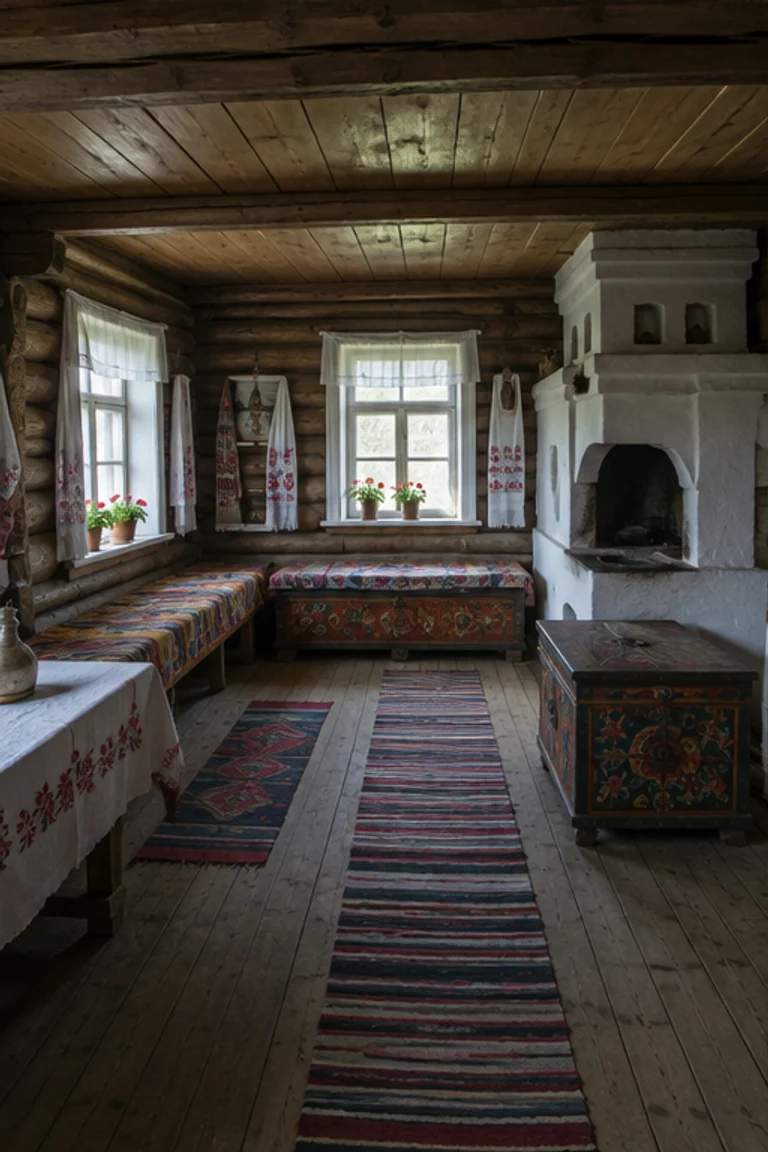 Photorealistic vertical Volga Tatar log-house room with a pale masonry stove, perimeter benches and low table, embroidered towels, patterned cushions, painted storage chests, woven rugs, and cool continental daylight from small paired windows.