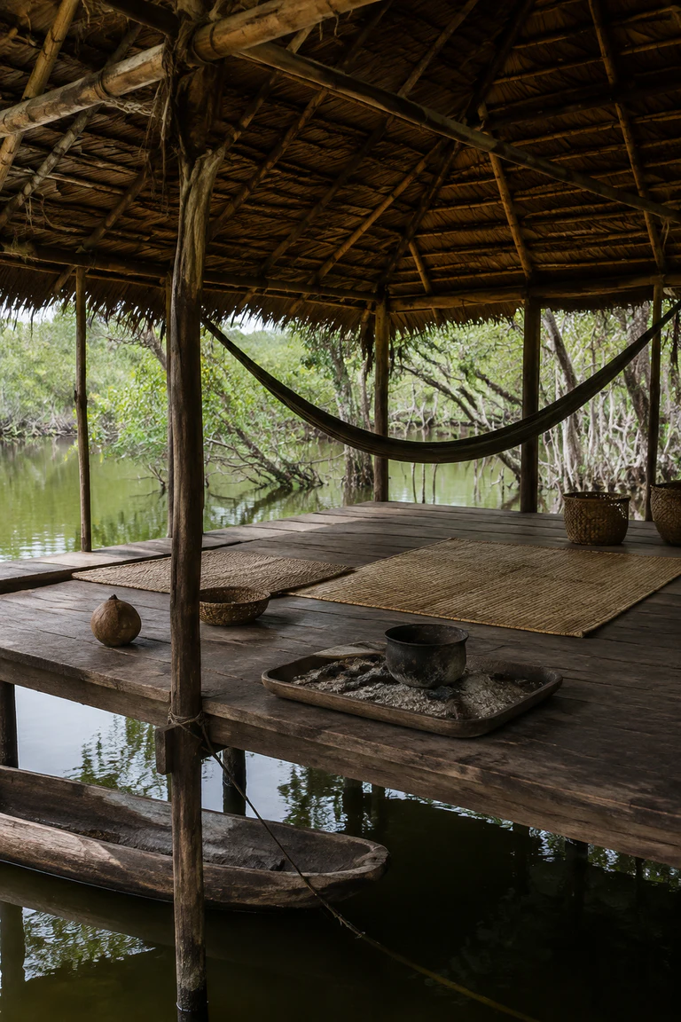 Photorealistic vertical Warao palafito over Orinoco Delta water with palm posts and moriche thatch, hammocks, woven mats and baskets, a low hearth tray, canoe visible below, and diffuse wetland light reflected through open sides.