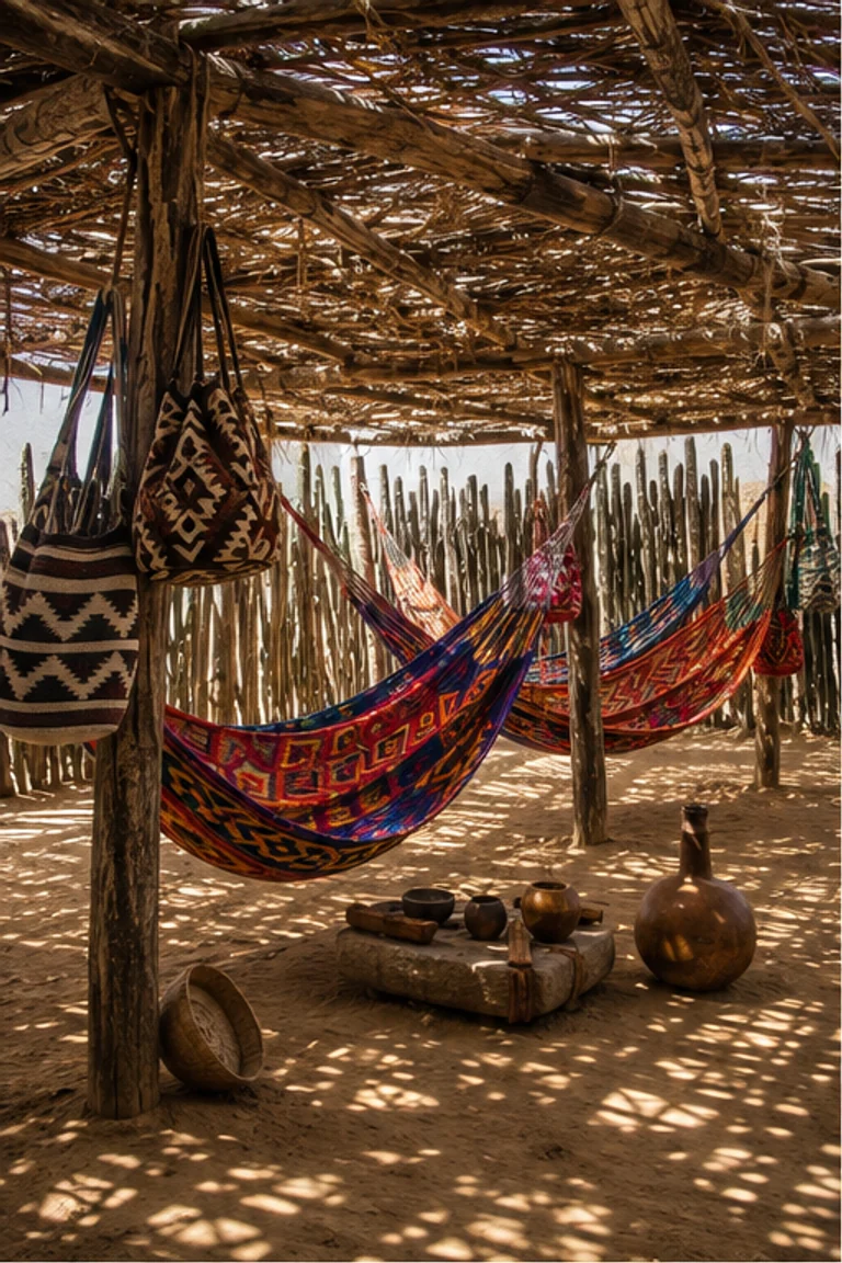 Photorealistic vertical Wayuu ranchería in La Guajira with an open yotojoro-wood enramada, vivid woven hammocks and mochila bags, sandy floor, low stools, gourds, cooking vessels, small mud sleeping hut beyond, and patterned desert shade.