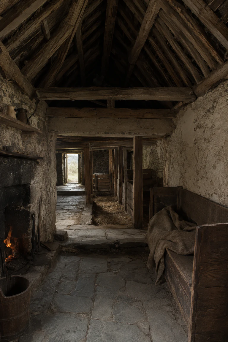 Photorealistic vertical Welsh longhouse interior with rough stone walls, cruck timber frame, flagged floor stepping toward a cattle bay, open hearth, oak settle, wool blanket, and a narrow doorway filled with rain-softened light.