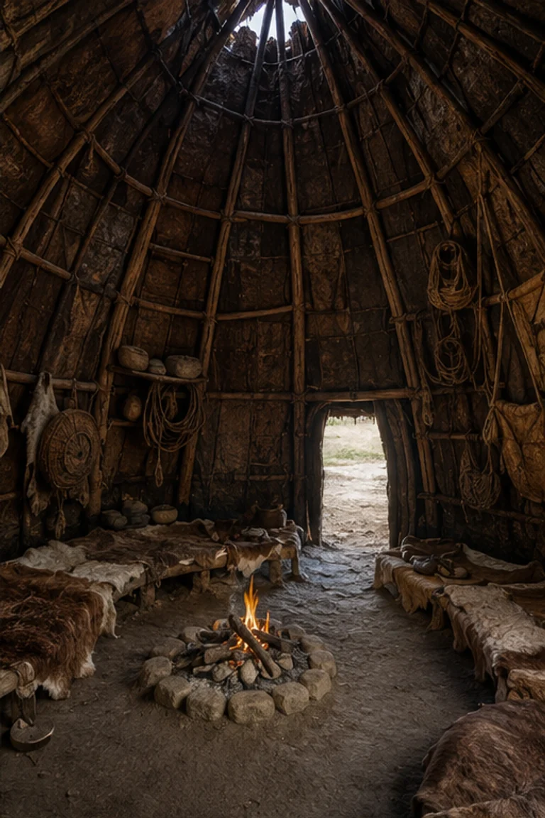 Photorealistic vertical Yaghan domed hut in Tierra del Fuego with a flexible branch frame covered by bark and hides, small central fire, hide bedding, woven baskets, fishing tools, shell containers, and grey subantarctic daylight at the low entrance.