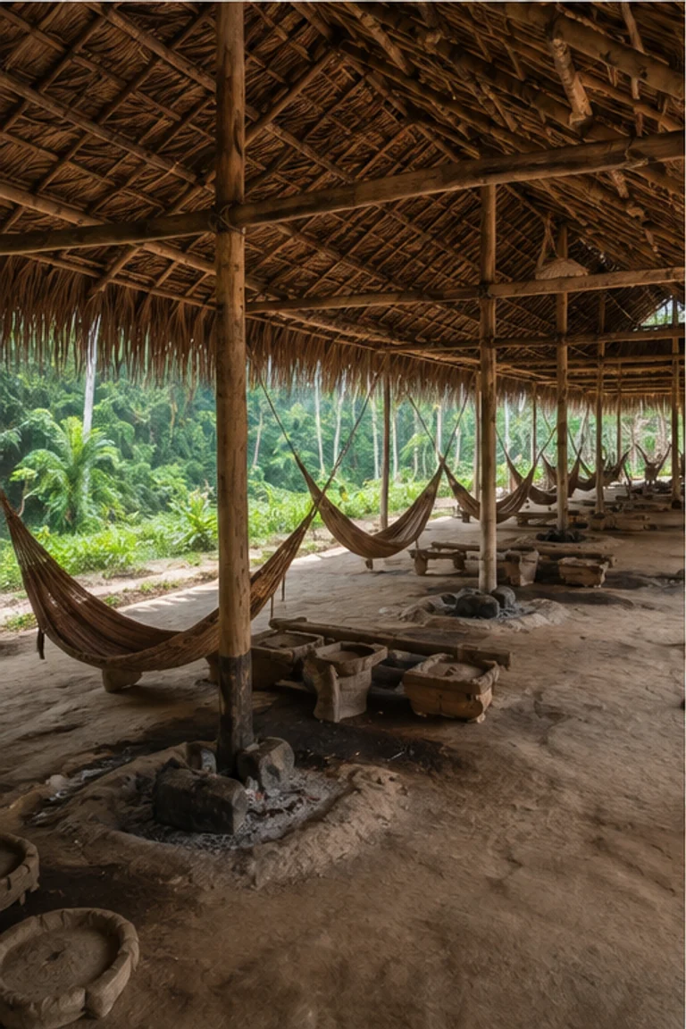 People-free photorealistic vertical Yanomami shabono with a continuous timber-and-palm household ring, repeated family bays, hammocks, baskets and low hearths facing a vast sunlit communal clearing in dense rainforest.