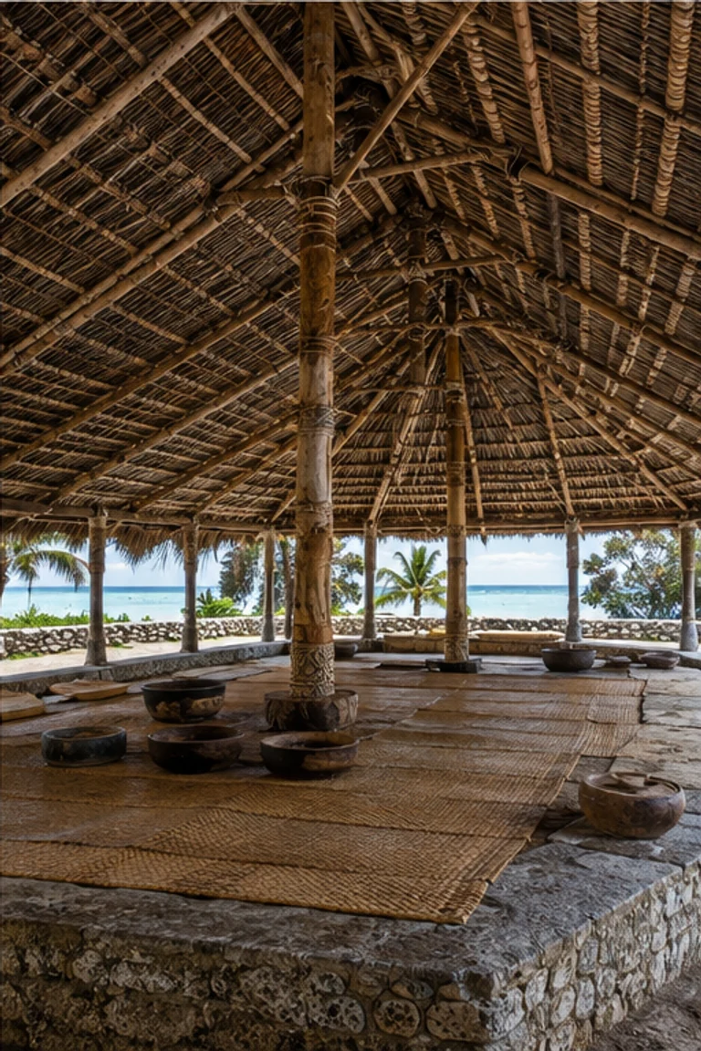 People-free photorealistic vertical Yapese faluw with broad open meeting floor on a raised coral-stone platform, immense palm-thatched roof, hardwood posts, intricate coconut-fibre lashings, woven perimeter mats, carved bowls, navigation tools, and ocean light.
