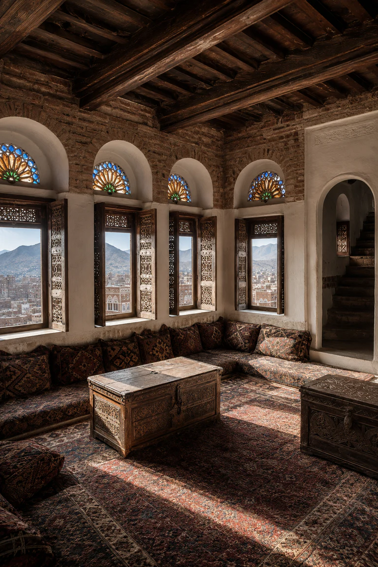 Photorealistic vertical top-floor mafraj in a Sana’a tower house with brick and white-gypsum reveals, luminous qamariya stained-glass fanlights, perimeter cushions, woven rugs, timber chests, a stair opening, and a highland city view.