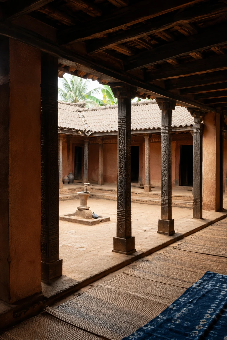 Historic Yoruba family compound viewed from a shaded gallery with warm lateritic walls, rhythmic carved timber posts, repeated low doorways, a shared open court, woven mats, indigo cloth, and restrained pottery.