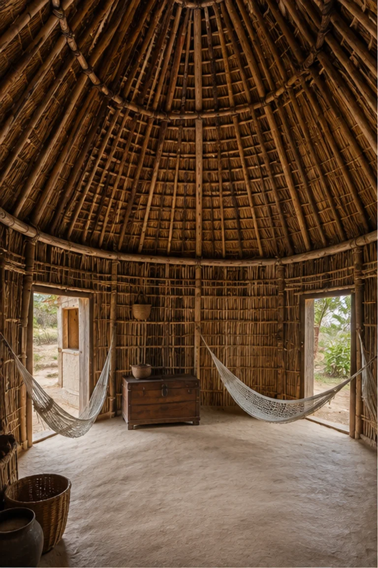 People-free photorealistic vertical Yucatec Maya nah with oval bajareque-and-earth walls, high huano-palm roof, opposing low doors, woven hammocks, stools, painted chest, baskets, water jars, and filtered tropical garden light.