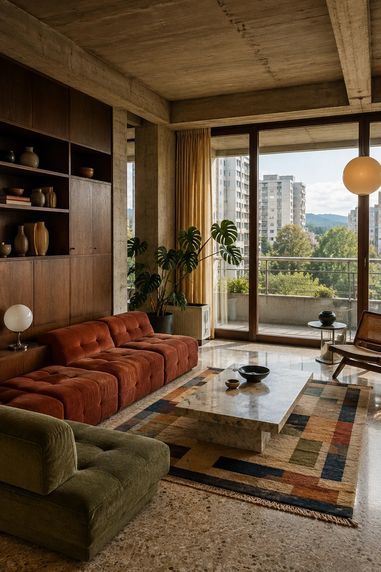 Yugoslav modernist apartment with exposed concrete, walnut storage, modular rust and olive seating, terrazzo, geometric wool rug, opal globe lamps, and balcony glazing.