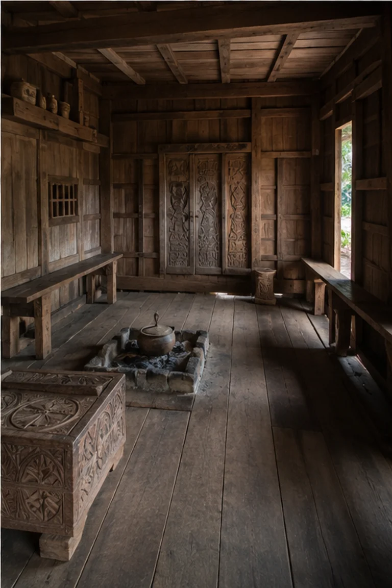 People-free photorealistic vertical Zafimaniry house in Madagascar with an all-hardwood pegged frame, fitted dark boards, geometric carving, raised compact room, hearth, low benches, chests, woven mats, and cool forest-highland daylight.